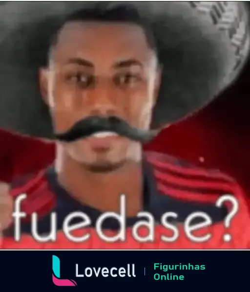 Imagem de Bruno Henrique com um bigode e um chapéu mexicano, acompanhada do texto 'fuedase?', representando um meme popular.