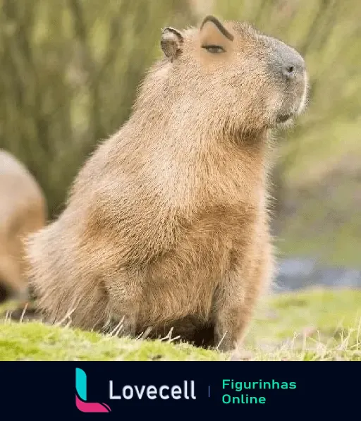 Foto de uma capivara com uma expressão engraçada e sobrancelhas desenhadas, em um ambiente natural de grama verde.