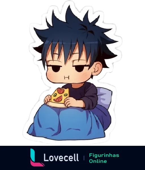 Personagem de anime Jujutsu Kaisen com cabelo preto e espetado, sentado em uma cama com cobertor azul, segurando uma fatia de pizza.