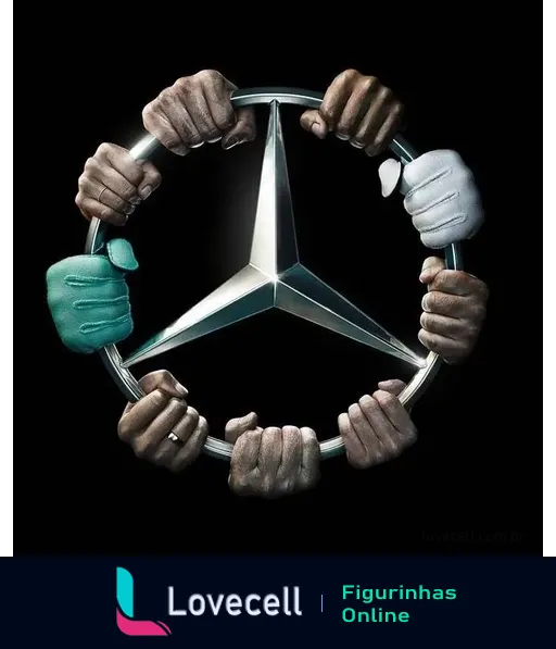 Logotipo da Mercedes em forma de estrela de três pontas cercado por mãos de pilotos com luvas de corrida segurando e destacando a marca