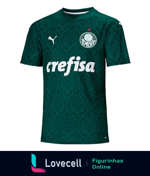 Camisa do Palmeiras verde escuro com padrão de folhagens, logo da Puma e patrocínio da Crefisa