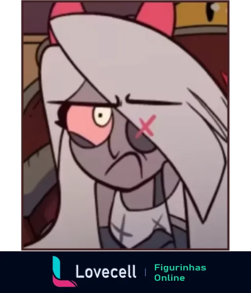 Personagem de Hazbin Hotel com expressão zangada, olhos entreabertos e um X na bochecha, visivelmente irritada.