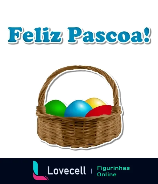 Cesta de vime com ovos de Páscoa azul, vermelho e verde, com texto 'Feliz Páscoa!' em destaque para celebração