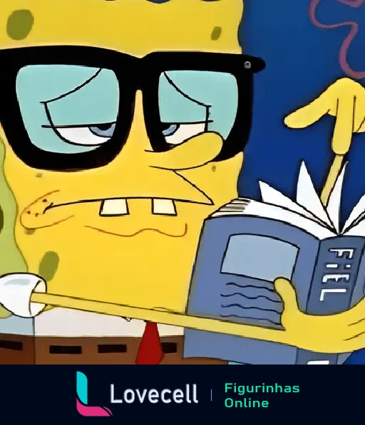 Bob Esponja usando óculos de nerd, lendo um livro intitulado 'F.I.E.L.', com expressão de sabedoria e superioridade.