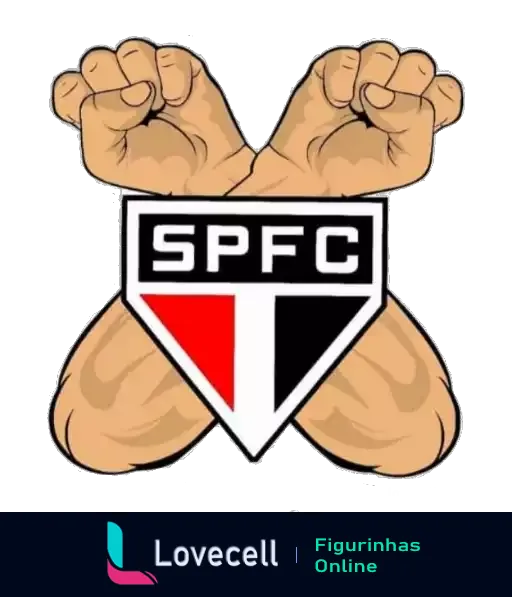 Escudo do São Paulo Futebol Clube em vermelho, preto e branco com dois punhos cerrados simbolizando força e determinação