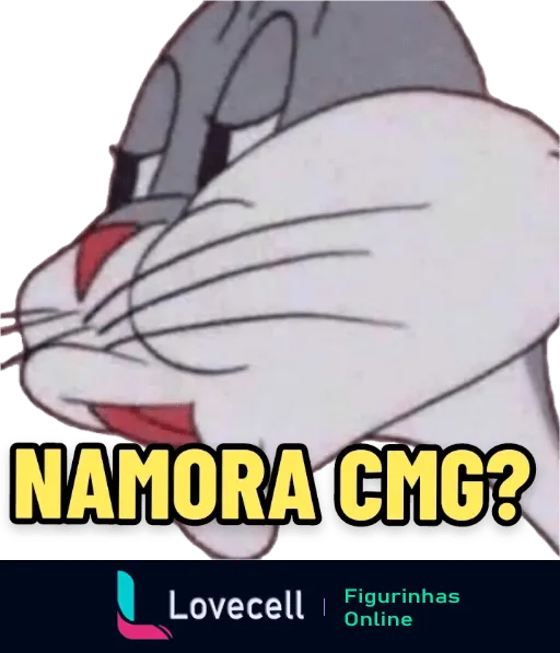 Figurinha do Pernalonga apaixonado com texto 'NAMORA CMG?' do Looney Tunes, com bochechas coradas e olhos semicerrados