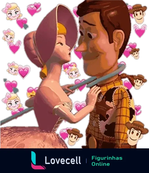 Figurinha de Bo Peep e Woody se beijando com corações e emojis apaixonados ao redor