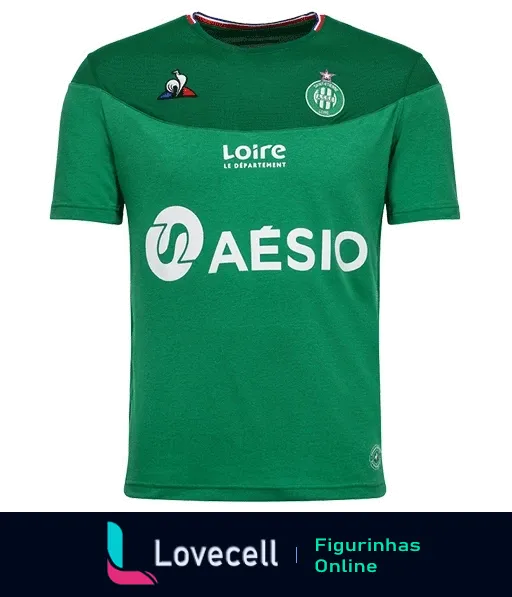 Camisa de futebol do Saint-Étienne verde com patrocínios da AÉSIO e Loire e logo do clube no peito