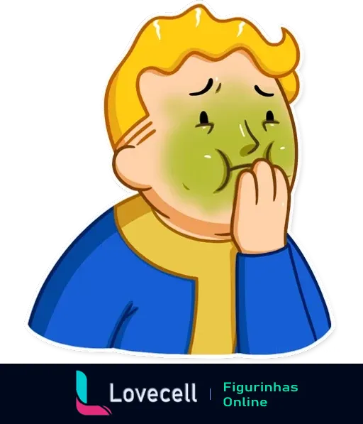 Figurinha do Fallout Vault Boy com expressão de enjoo, rosto verde e mão na boca, representando o sentimento de náusea.