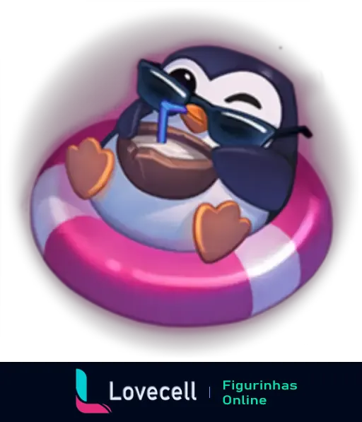 Figurinha de emote do League of Legends mostrando um pinguim relaxando em uma boia com óculos escuros e tomando uma bebida com canudo.