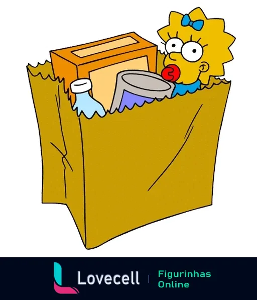 Maggie Simpson espiando de dentro de uma sacola de compras contendo uma caixa laranja e papel higiênico na figurinha colorida