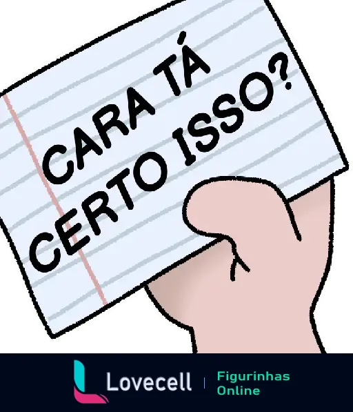 Desenho de uma mão segurando um cartão com linhas horizontais. No cartão está escrito 'CARA TÁ CERTO ISSO?'. Título: 'Cara tá certo isso?', tags: 'engraçado, expressões, frases, Cara tá certo isso?, dúvida, questionamento, conversa'.