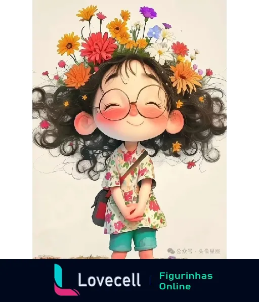 Imagem Anime kawaii de uma menina sorridente com ramalhete de flores no cabelo, óculos redondos e roupas coloridas.