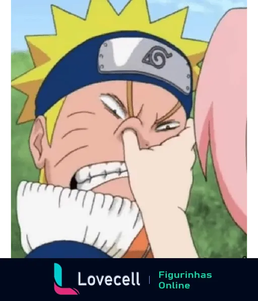 Naruto Uzumaki fazendo careta engraçada para Sakura Haruno, com expressão de zombaria, olhos meio fechados e boca torcida