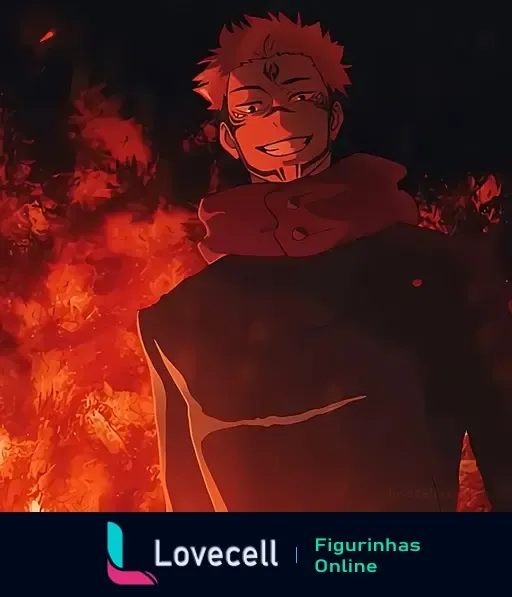 Personagem de Jujutsu Kaisen sorrindo com confiança enquanto uma cena de chamas intensas ilumina o fundo ao seu redor.