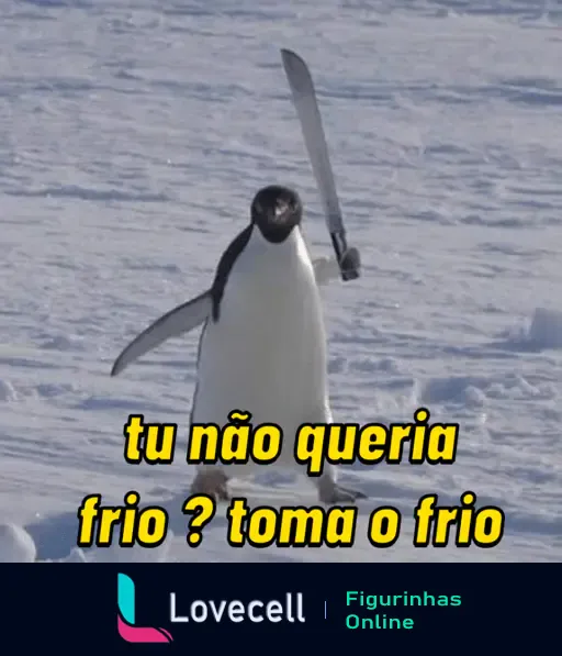 Pinguim segurando uma faca com texto engraçado sobre o frio