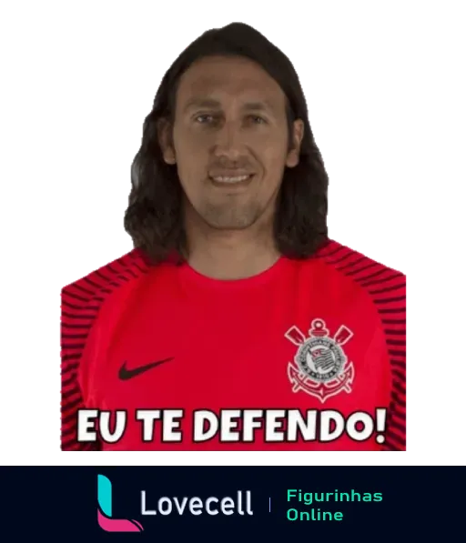 Figurinha de WhatsApp mostrando jogador de futebol do Corinthians com camisa vermelha e texto 'Eu te defendo!', expressando proteção e compromisso