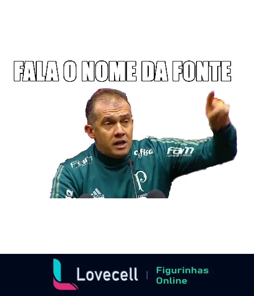 Homem em uniforme do Palmeiras emocionado levantando a mão e falando, com texto 'FALA O NOME DA FONTE'