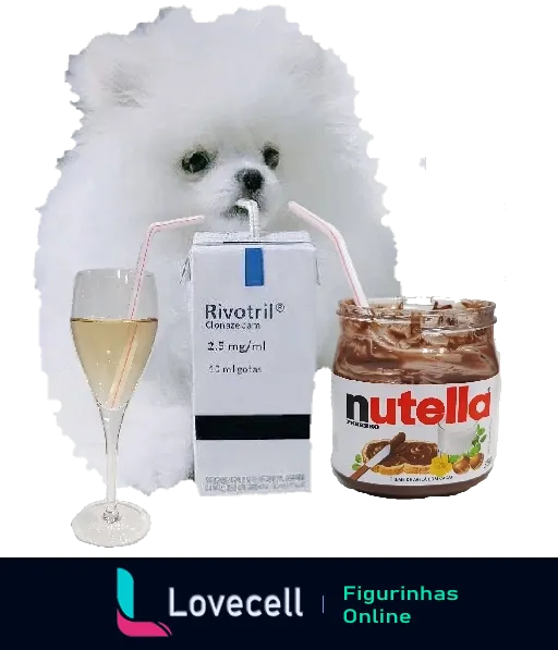 Figurinha de um pequeno cachorro branco fofo cercado por itens luxuosos, incluindo uma caixa de Rivotril e um vidro aberto de Nutella, com taças de bebida espumante e Rivotril ao lado