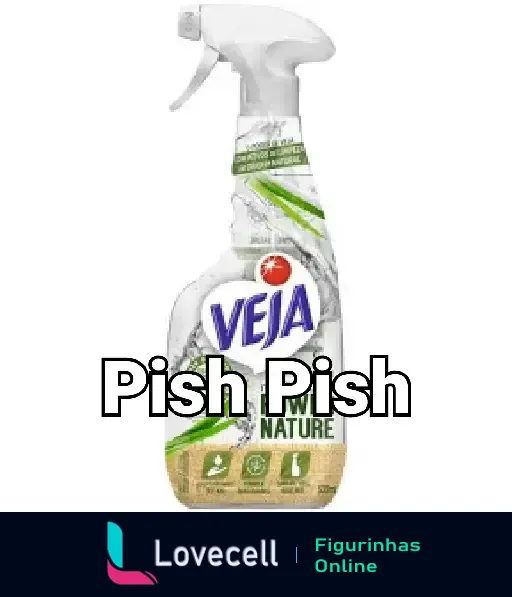 Uma imagem de um frasco pulverizador de produto de limpeza da marca Veja com rótulo 'Pish Pish Nature'. O rótulo tem detalhes em branco, verde e dourado.