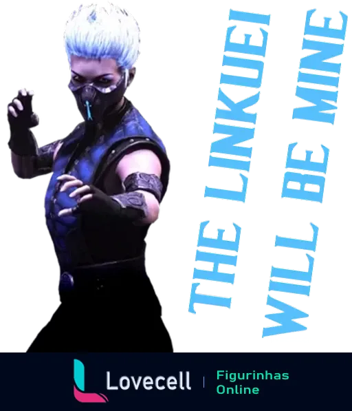 Personagem de Mortal Kombat com cabelo branco e máscara, em posição de luta, com a frase 'The Lin Kuei Will Be Mine'