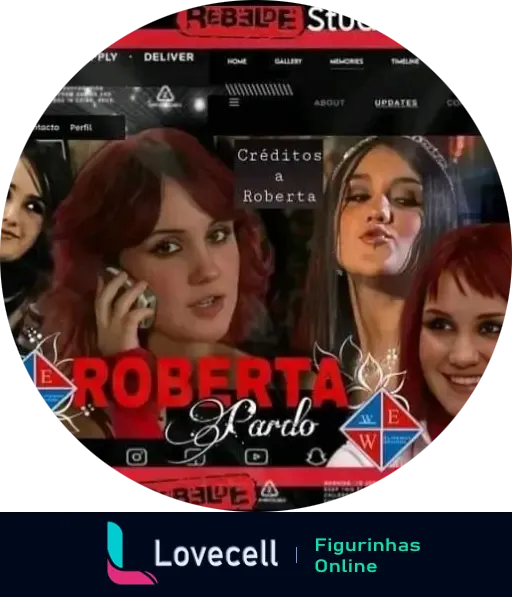 Montagem de fotos da personagem Roberta, com créditos a Roberta, e texto 'RBD Roberta' em destaque, fundo de site com elementos de 'Rebelde'.