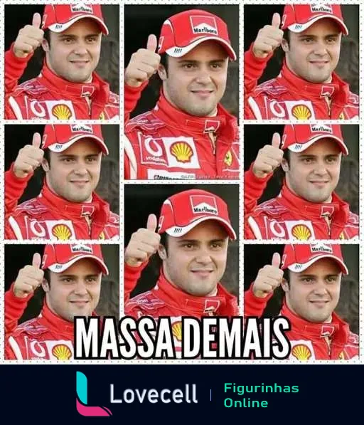 Figurinha de WhatsApp mostrando o piloto de corrida sorridente Felipe Massa em macacão vermelho da Ferrari fazendo sinal de positivo, com logos da Shell, e a frase 'MASSA DEMAIS' em letras maiúsculas