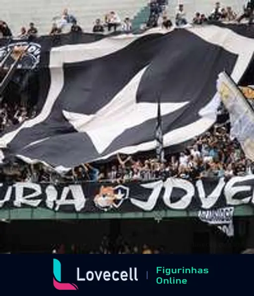 Torcida do Botafogo lotando arquibancada com grande bandeira preto e branco e texto 'Furia Jovem' visível em estádio de futebol