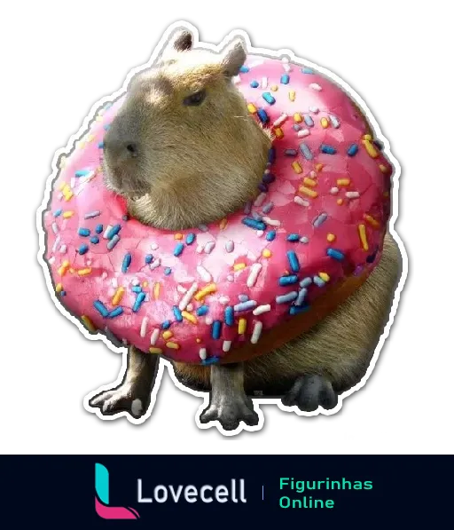 Capivara adorável com um donut rosa decorado com confeitos coloridos ao redor do pescoço - Figurinha Capivaras.