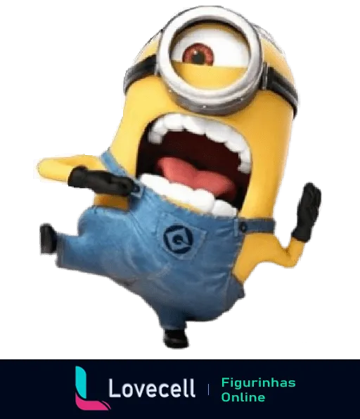 Figurinha de Minion do filme 'Meu Malvado Favorito' gritando animadamente com macacão jeans e mãos levantadas