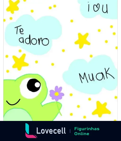 Figurinha de um sapo verde com uma flor, cercado de estrelas amarelas, nuvens azuis com mensagens românticas em espanhol: Te adoro, I ♥ U e Muak.