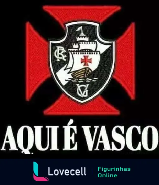 Figurinha do WhatsApp com escudo do Vasco da Gama, caravela e coroa sobre fundo vermelho e preto, acompanhado da frase 'AQUI É VASCO' em letras brancas