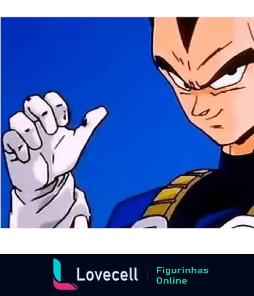 Cena do Vegeta em Dragon Ball Z mostrando expressão confiante, usando uniforme azul e branco contra um fundo azul.