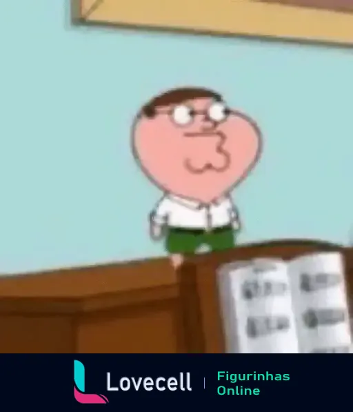 Peter Griffin, personagem de desenho animado, com expressão engraçada, em um escritório, ao lado de um balcão.