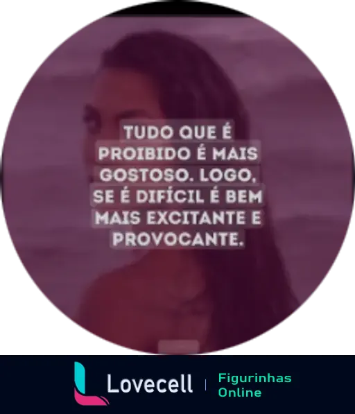 Figurinha com uma imagem de mulher ao fundo e texto que diz: 'Tudo que é proibido é mais gostoso. Logo, se é difícil é bem mais excitante e provocante.'