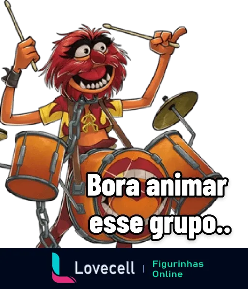 Figurinha do Animal dos Muppets tocando bateria animadamente com expressão selvagem, perfeito para animar grupos quietos