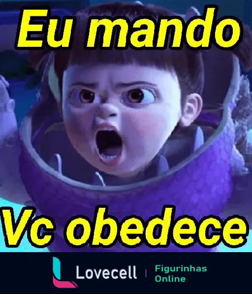 Personagem de animação infantil com uma expressão irritada e gritando. Texto na imagem: 'Eu mando, Vc obedece'. Título: 'Eu mando, vc obedece!'. Tags: meme, Figurinhas Engraçadas, Eu mando, Vc obedece, autoridade, diversão, boo.