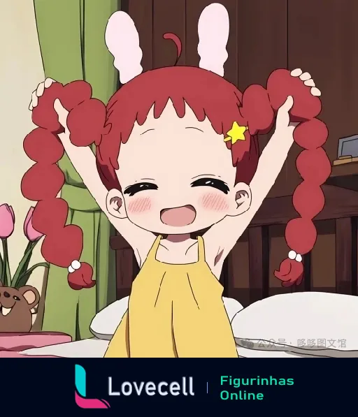 Imagem de uma menininha sorridente com cabelo vermelho e trancinhas, usando uma roupa amarela e enfeite de estrela no cabelo. Estilo anime kawaii.