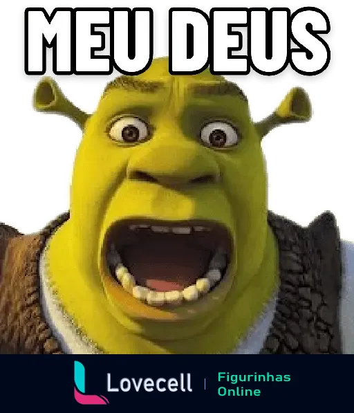 Shrek com expressão de choque e boca aberta, acompanhado do texto 'MEU DEUS' no topo da imagem. Cena icônica da animação.