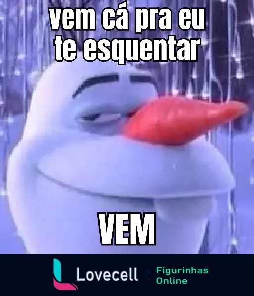 Figurinha de WhatsApp com personagem de neve dizendo 'Vem cá pra eu te esquentar'. Perfeita para momentos de clima frio.