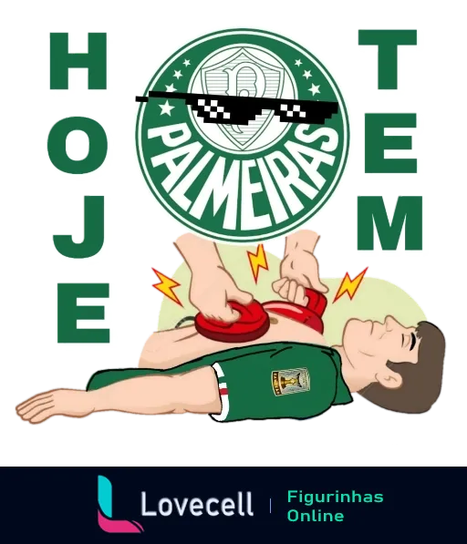 Figurinha 'Hoje tem Palmeiras' com escudo do Palmeiras pisando em personagem deitado de camisa verde, com a palavra 'HOJE' em letras brancas e raios vermelhos no fundo transparente