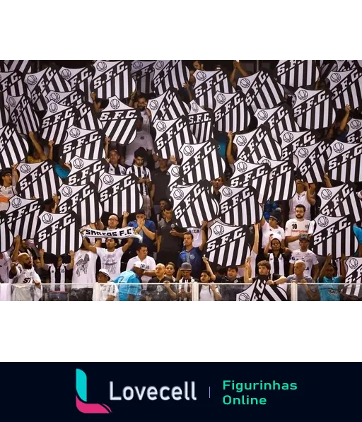 Torcida do Santos Futebol Clube vibrante no estádio, segurando bandeiras com o logotipo SFC e demonstrando paixão durante o jogo