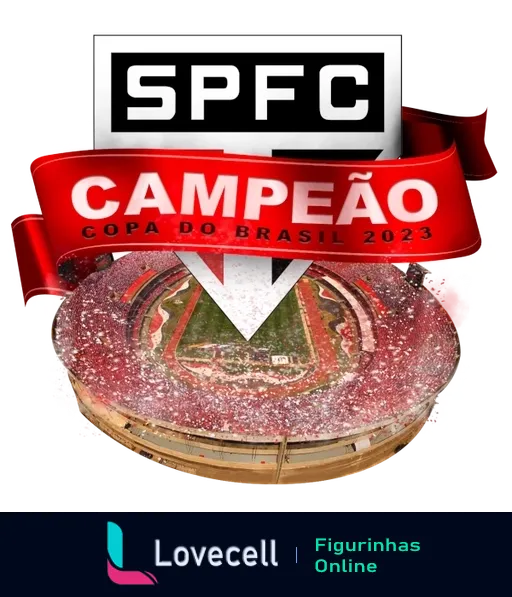 Logotipo do São Paulo Futebol Clube com faixa vermelha 'CAMPEÃO' sobre cenário desfocado do estádio, celebrando a vitória na Copa do Brasil 2023