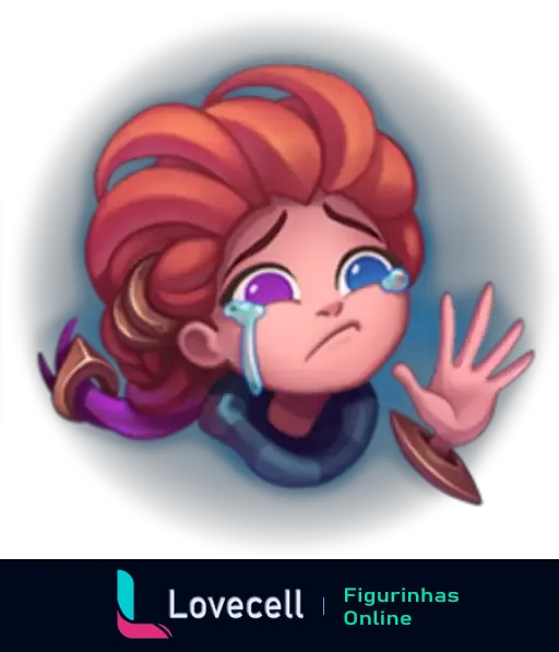 Emote do League of Legends de um personagem com cabelo vermelho e lágrimas nos olhos, expressão de tristeza e mão levantada.