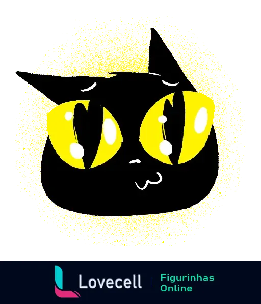 Desenho de um gato preto com grandes olhos brilhantes e expressão adorável, destacado por um fundo amarelo. Ideal para expressões emocionais.