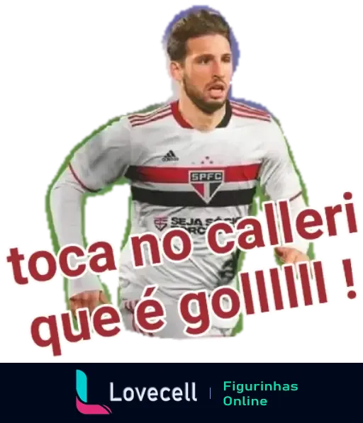 Figurinha do WhatsApp mostrando Calleri, jogador do São Paulo Futebol Clube, em ação com texto 'toca no Calleri que é gol!!!', ressaltando sua habilidade em marcar gols decisivos