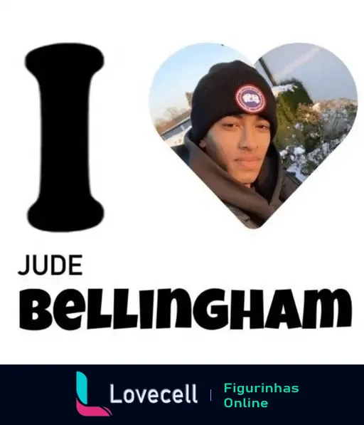 Figurinha da pasta 'beligol bellingham' com texto 'I Love Jude Bellingham', mostrando um jovem com gorro de inverno ao ar livre.