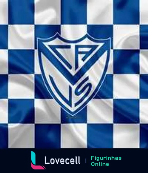 Bandeira xadrez azul e branco do Club Atlético Vélez Sarsfield com escudo central contendo as iniciais 'V' e 'S' em azul