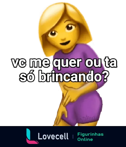 Figurinha de WhatsApp com personagem feminina em 3D, cabelo loiro e vestido roxo, fazendo pose sugestiva e com a frase 'vc me quer ou tá só brincando?'