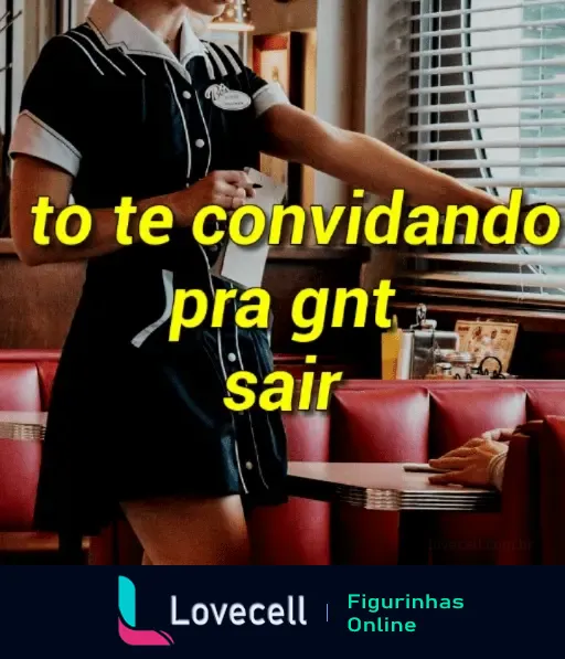 Figura de uma garçonete com uniforme vintage em um jantar com a frase 'to te convidando pra gnt sair' em texto amarelo.